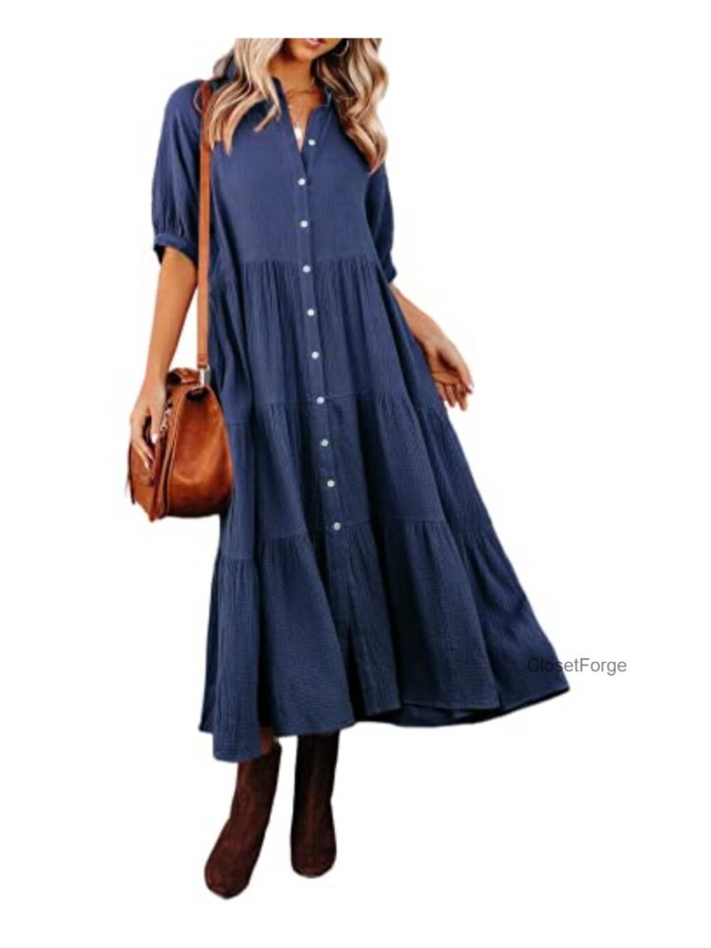 Cotton Button Down Midi Dress with Pockets Short Sleeve